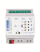 EELDL04A01KNX DIMMER LED 4 CHANELS RGB-WHITE DL04A01KNX is a dimming actuator for LED in DC with constant voltage (CV).
The device allows to drive 4 independent channels or 1 RGB channel and 1 single color channel or 1 channel RGBW. Module can be powered from 12 to 48V DC and consequently can manage the outputs (LED strips) with voltage from 12 to 48V DC. The maximum current for each channel is 4A;
The device includes a 16A relay, suitable for switching capacitive loads, that allows a complete shutdown of the external power supply when all loads are switched off (for example at night) ensuring the maximization of the energy saving. On the front panel of DL04A01KNX there are 4 local switching buttons with corresponding status LED and a LED for signalling faults: short circuit on the output, over-temperature, power connection with reversed polarity, insufficient auxiliary power supply voltage. Available functions include block, logic, scenes, color sequences, etc ..
Device is equipped with KNX communication interface. 1