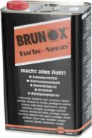 BR10 Brunox Turbo Spray 5L Brunox® Turbo-Spray® op metalen oppervlakken is water afstotend, beschermt tegen vocht en aggressieve omstandigheden zoals zure omgevingen, schoorsteengassen etc. Door het gebruik van Brunox® Turbo-Spray® wordt een doorzichtige compacte, niet uithardende, roestwerende film van 1-2 micron dik gevormd, die een betrouwbare bescherming biedt.
Brunox® Turbo-Spray® kan gemakkelijk verwijderd worden met schoonmaakmiddelen (tensiden).
Werking

Smeermiddel
Brunox® Turbo-Spray® is een langdurig werkend smeermiddel dankzij het bijzondere mengsel van koolwaterstoffen en de toevoeging van TURBOLINE.

Kruipolie / Roestoplosser
Brunox® Turbo-Spray® is een multicomponenten smeerolie met een uitstekende penetrerende werking. Daardoor kan het in de kleinste scheurtjes en ruimten binnendringen en bijvoorbeeld vastzittende schroeven in een mum van tijd weer los maken. Turbo-Spray verwijdert Corrosiebescherming
Brunox® Turbo-Spray® garandeert volledige corossiebescherming, ook in de kleinste holle ruimten. Het koolwaterstofmengsel geeft zowel een compacte beschermingslaag als de noodzakelijke filmdikte die vocht verdrijft. Het vormt een heldere, onzichtbare, niet uithardende laag die in de meeste gevallen niet verwijdert hoeft te worden. (Uitzondering: vóór het verven). Deze film verschaft tijdelijke bescherming tegen corrosie (ongeveer 6 maanden) en werkt vuilafstotend.

Reinigingsmiddel
Brunox® Turbo-Spray® verdringt en verwijdert mineraal en organisch vuil, zodat (bijna) alle soorten vlekken (bijv. teer, remstof, plakresten, etc) moeiteloos verwijdert kunnen worden. Ook verwijdert Turbo-Spray kruit-, lood- en koperresten van wapens. Het neutraliseert handzweet en beschermt ook aluminium, koper, messing, verchroomd en gegalvaniseerd staal en ook roestvrij staal. Denk aan de RVS afzuigkap in de keuken!

Contact spray
Brunox® Turbo-Spray® heeft een zeer lage oppervlakte spanning en een grote adhesie aan metalen, zodat lekstromen voorkomen worden en binnengedrongen vocht meteen verwijderd wordt. Deze eigenschap is in het bijzonder geschikt voor electrische contacten, kortsluiting wordt verholpen en voorkomen.
Eigenschappen
Brunox® Turbo-Spray® bevat geen siliconen, geen teflon en geen grafiet
Brunox® Turbo-Spray® heeft geen invloed op lakken, leer, hout, rubber, plastic en textiel
Brunox® Turbo-Spray® bevat slechts 3% drijfgas (co2), dus 97% actief middel
Brunox® Turbo-Spray® is veilig en heeft een vlampunt van 78 °C Brunox Turbo Spray 5L